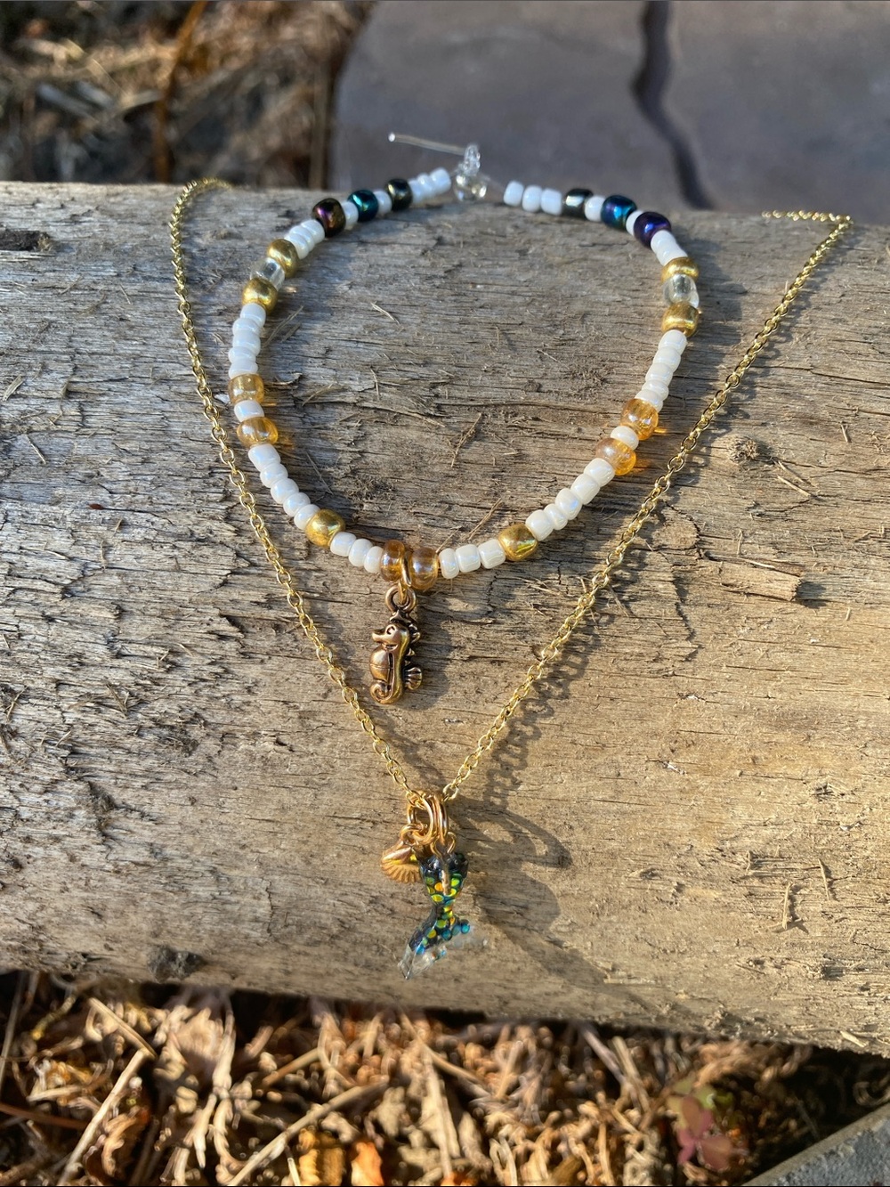 Handmade Gold-Tone Seahorse & Beaded Bracelet Set - White & Gold